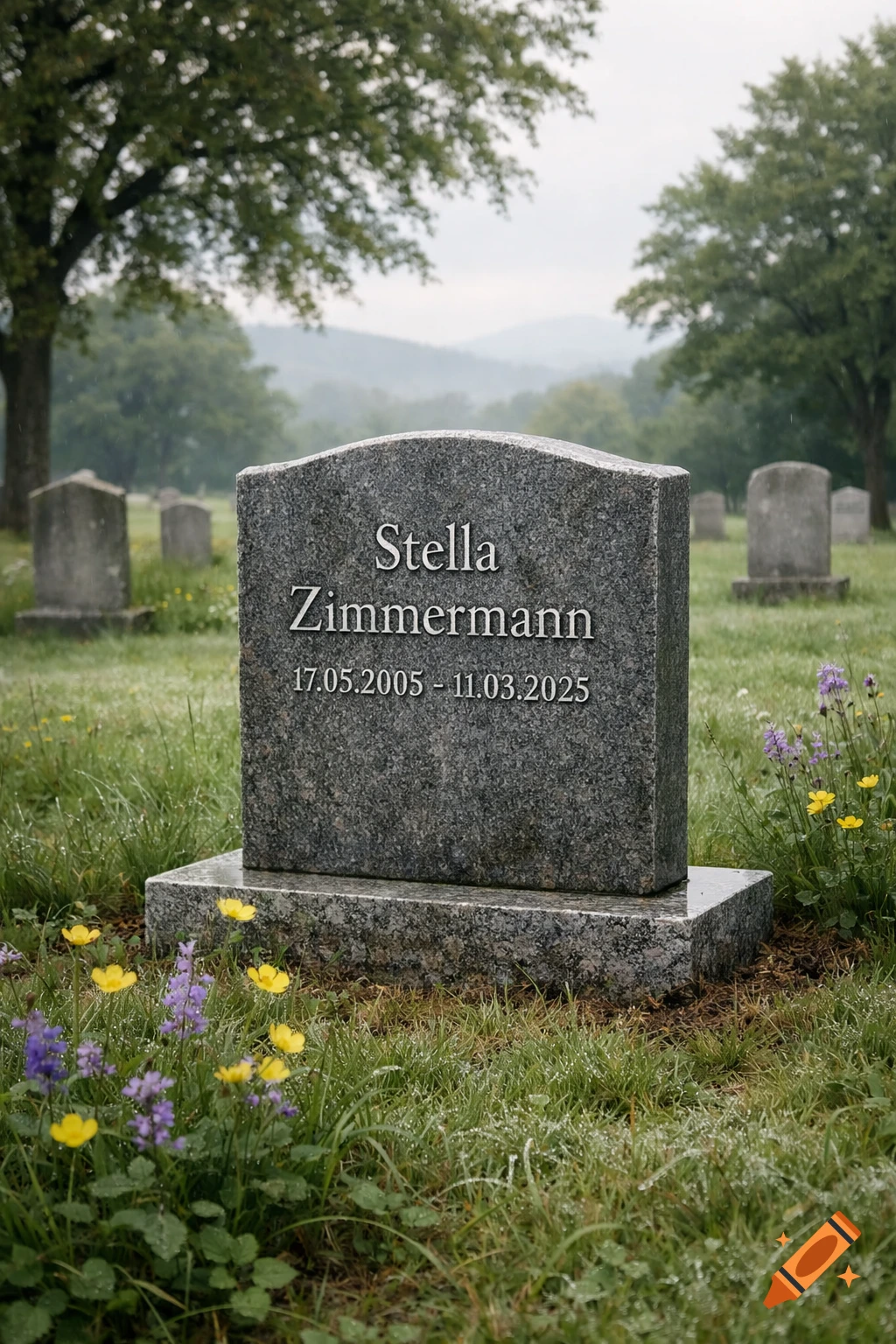 A photorealistic granite tombstone for Stella Zimmermann (17.05.2005 - 11.03.2025) in a misty cemetery with dewy grass and wildflowers.