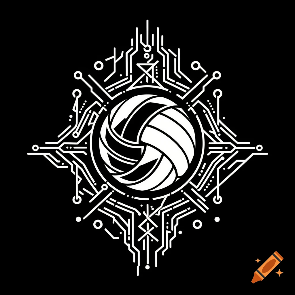 White volleyball at the center of intricate white circuit board-like patterns, styled as a tattoo stencil on a black background.
