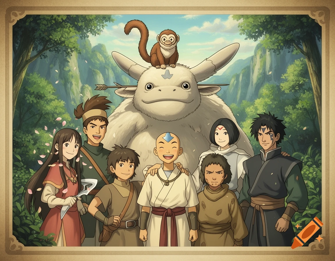 A Studio Ghibli-style group portrait of Aang, Appa, Momo, and six human characters smiling in a lush forest with falling petals.