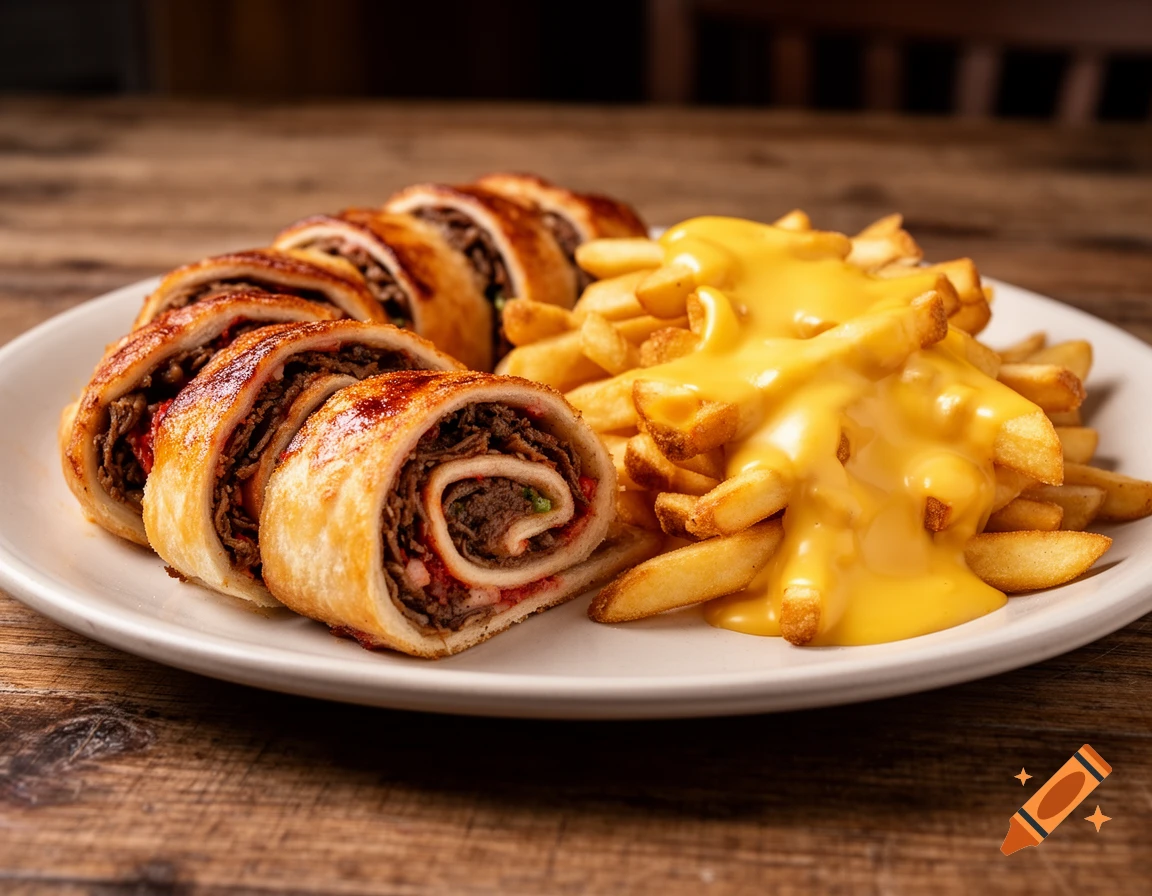 A close-up of a white plate holding sliced savory pastry rolls filled with meat and cheese fries, on a wooden table. Photorealistic.