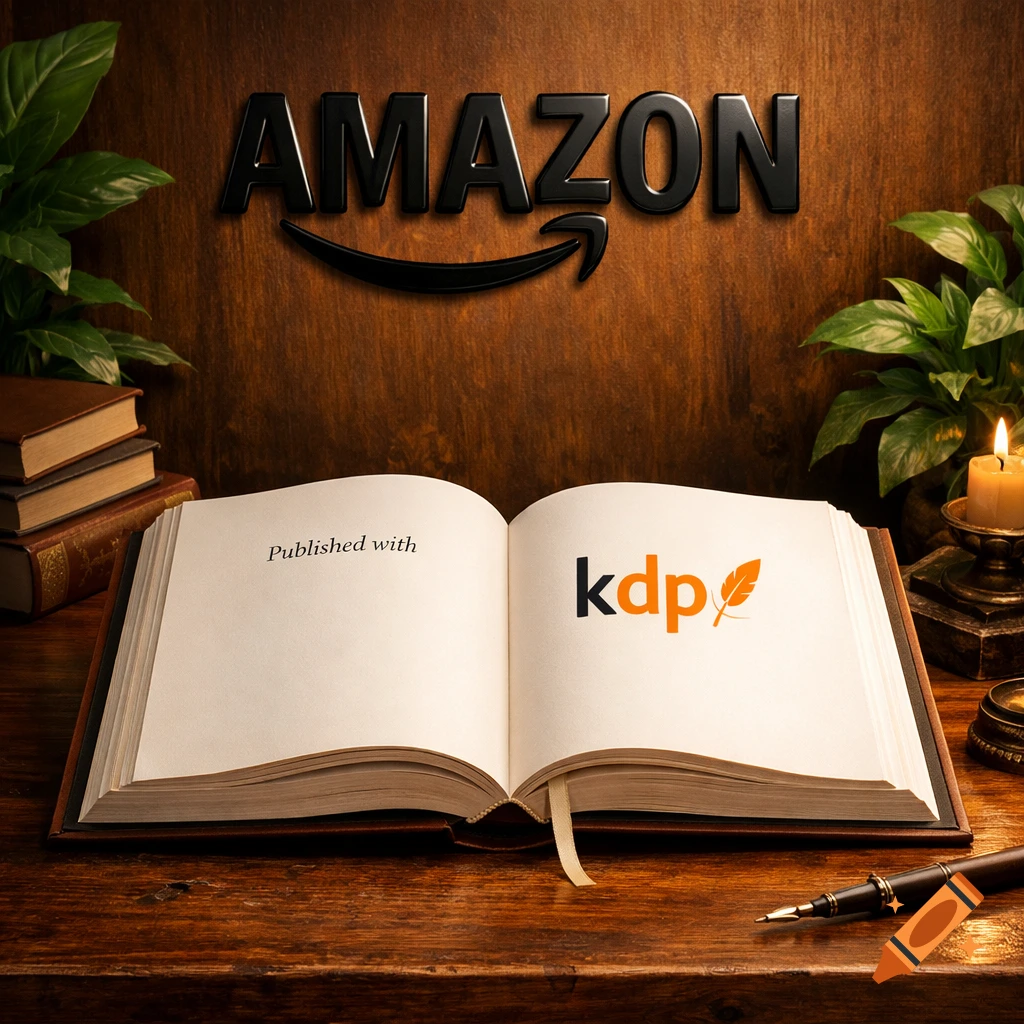 An open book displaying 'Published with kdp' on a wooden desk, an Amazon logo above, with a candle and pen.
