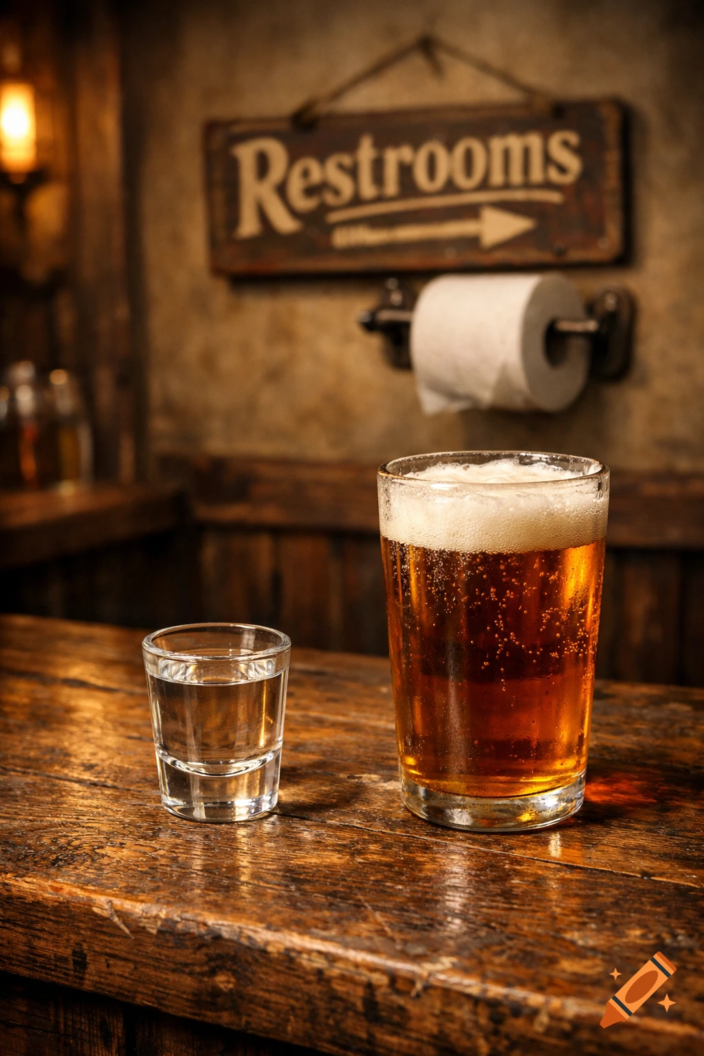 A full glass of beer and a shot of clear liquor on a rustic wooden bar table, with a 'Restrooms' sign in the blurred background.