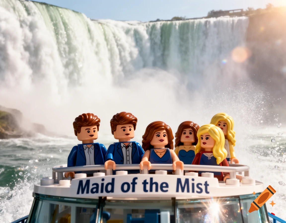 Lego minifigures on a 'Maid of the Mist' boat approaching the majestic Niagara Falls under a sunny sky.