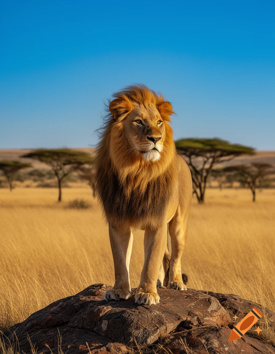 A majestic male lion stands on a rock in a sunlit savanna with acacia trees under a clear blue sky, looking right.