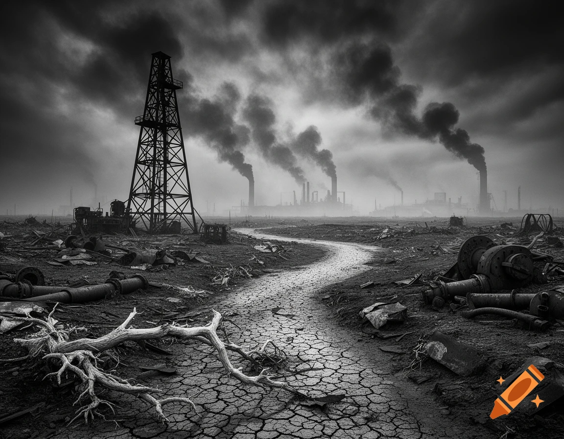 Black and white photorealistic image of a desolate industrial wasteland with an oil rig, smoking factories, and cracked earth.