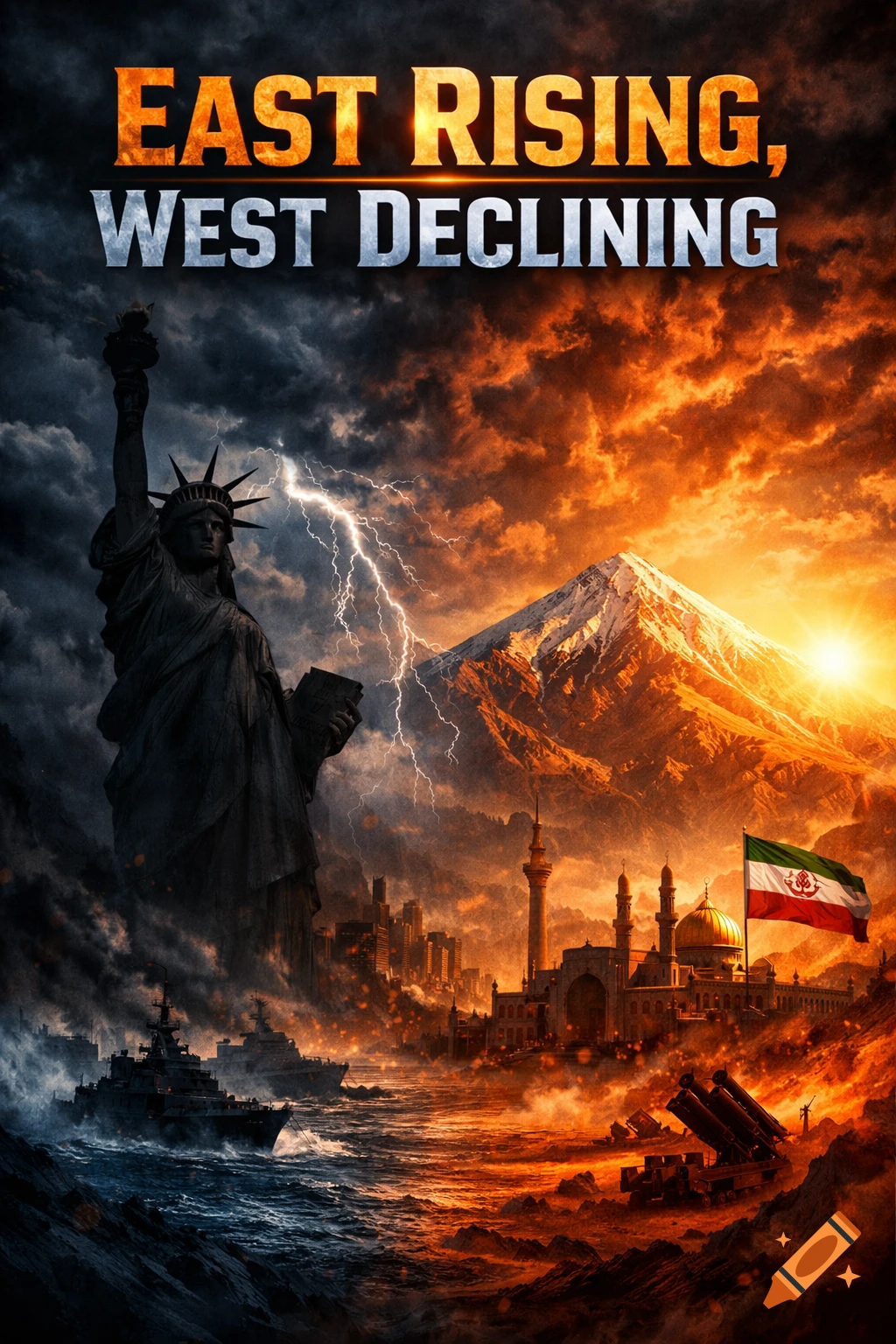 Dramatic geopolitical poster. Left: Statue of Liberty, US battleships, stormy sky. Right: Iranian city, flag, missiles, fiery sunrise. Text: EAST RISING, WEST DECLINING.
