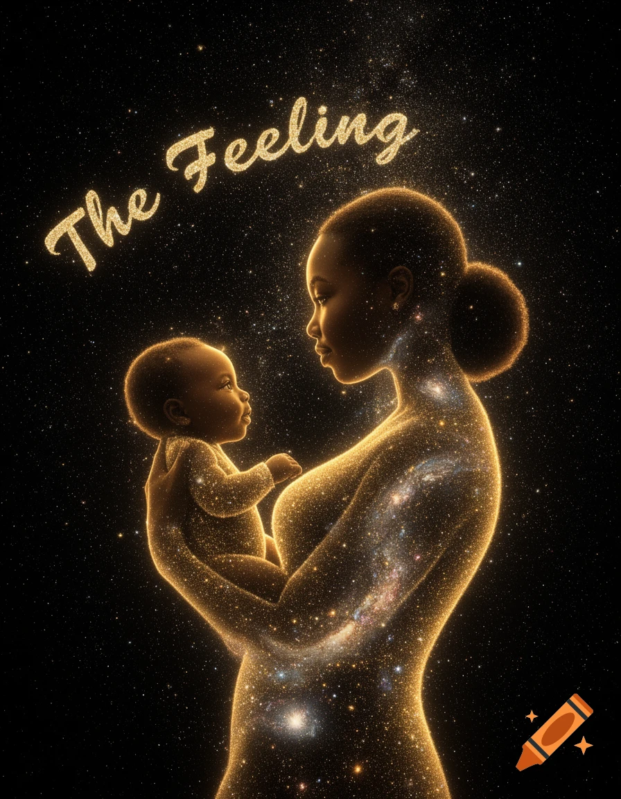 A woman holding a baby, both shimmering with golden glitter and stars against a black cosmic background, with 'The Feeling' written above.