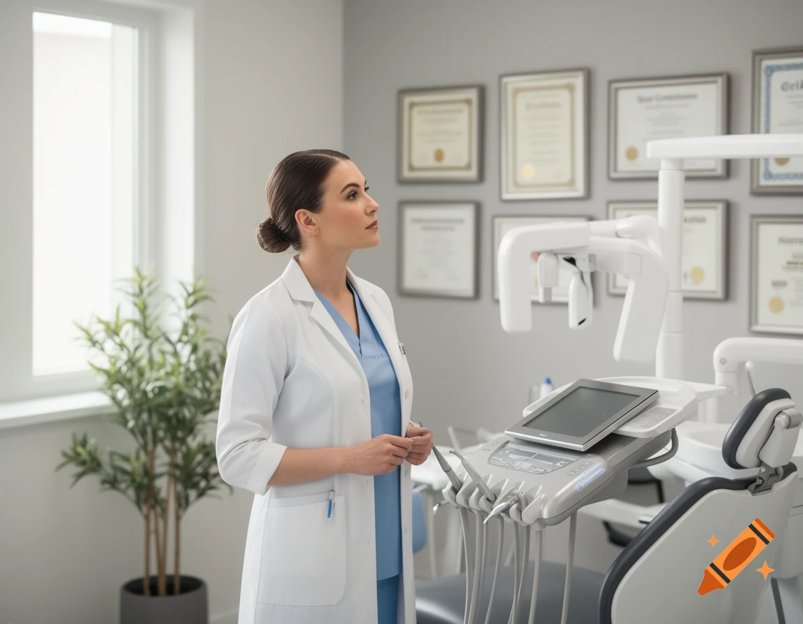 A female dentist in a white lab coat and blue scrubs stands next to an X-ray machine in a modern dental office.