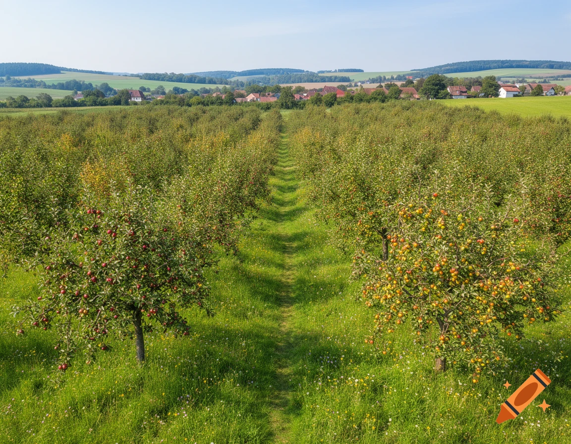 A vibrant apple orchard with rows of fruit trees under a clear blue sky, leading to a small village in the rolling green hills.