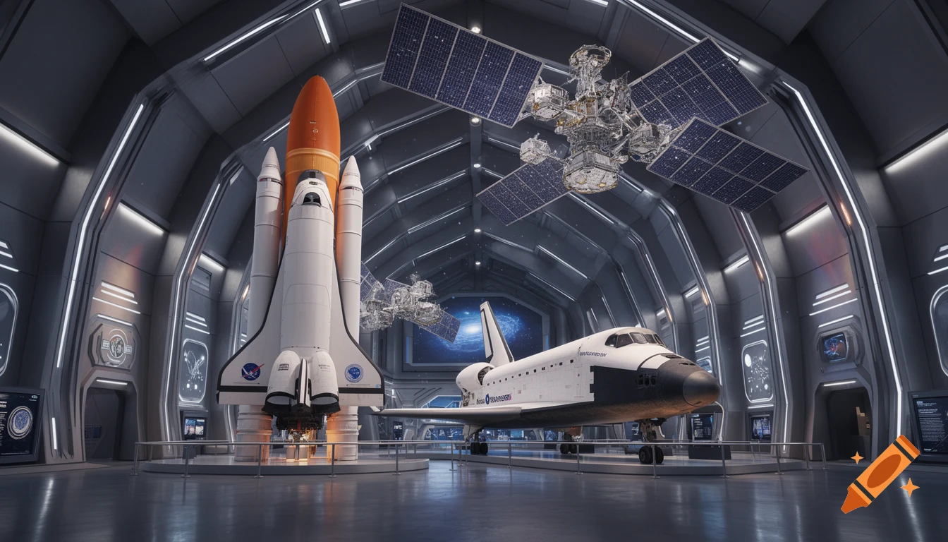 A detailed view inside a futuristic aerospace museum, featuring a large white and orange space shuttle rocket and a separate white space shuttle, with a satellite hanging from the ceiling, all rendered in a photorealistic style.