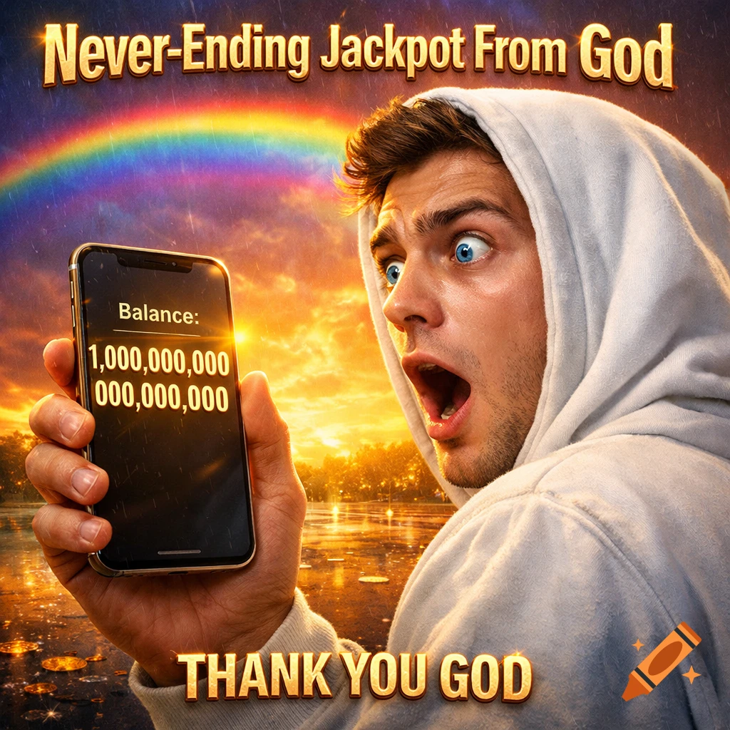 A man in a white hoodie stares wide-eyed at his phone displaying a massive bank balance, under a rainbow sky. Text: 'Never-Ending Jackpot From God'.