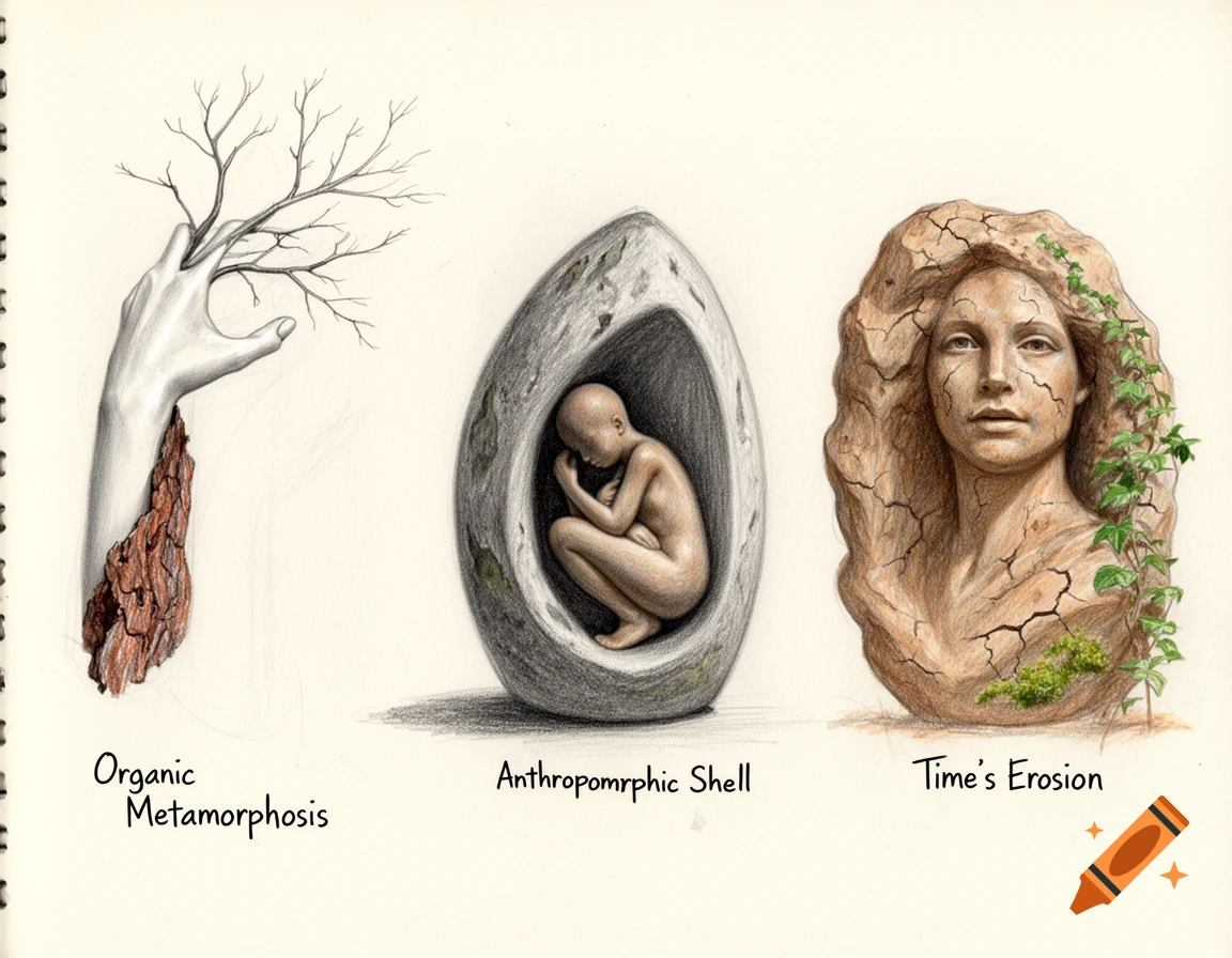 Three hand-drawn sketches on a notebook page: a hand transforming into a tree, a fetal figure in a stone shell, and a cracked bust with ivy.