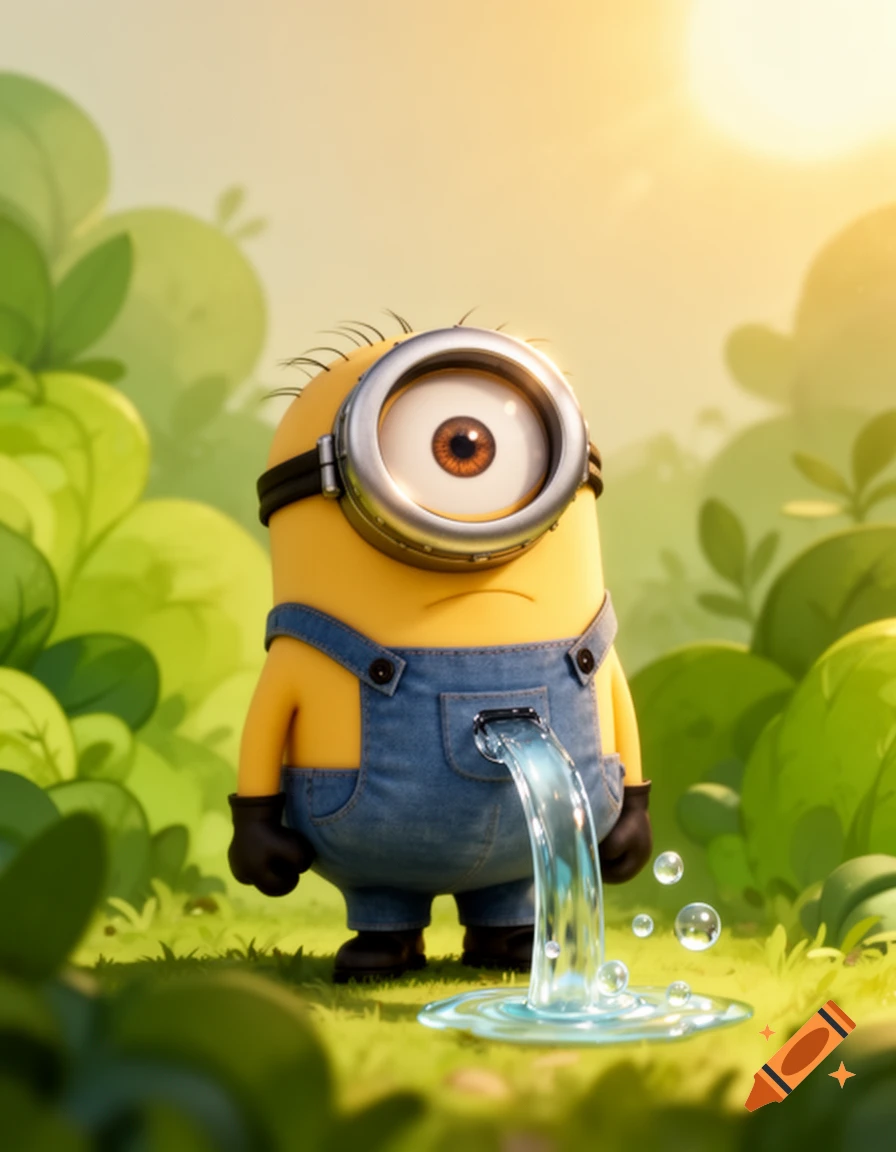 A minion in overalls stands on grass in a sunny outdoor setting, with water flowing from a hole in its overalls to form a puddle at its feet.