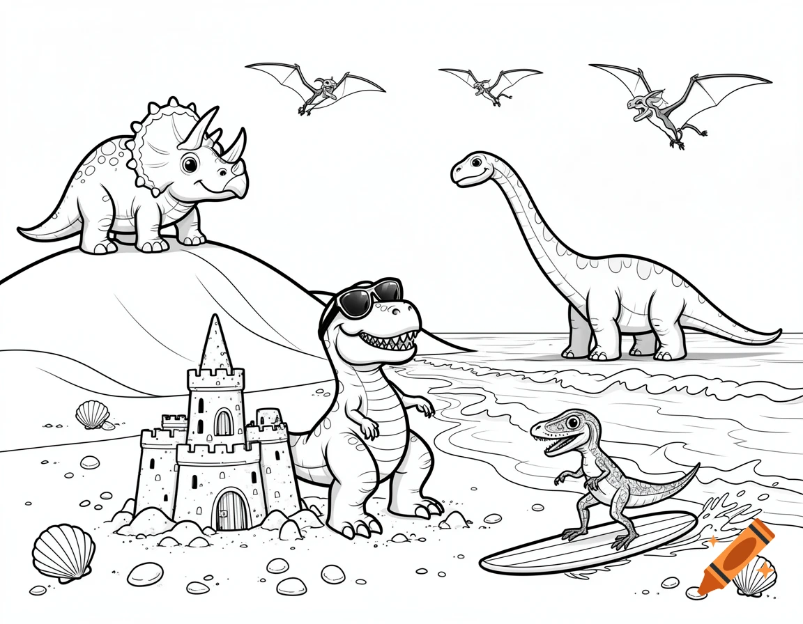 Black and white coloring page of cartoon dinosaurs on a beach, with a sandcastle and surfing raptor.