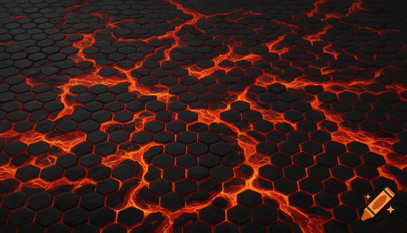 Dark hexagonal tiles with glowing red and orange lava flowing through cracks, creating a molten patterned surface.