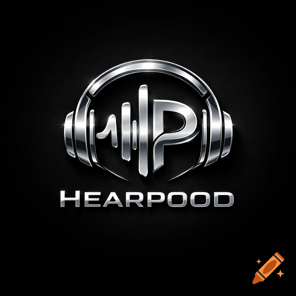 A metallic silver logo for 'Hearpood' featuring headphones with integrated sound waves and letters H and P on a black background.