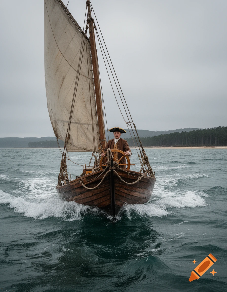 A person in a tricorne hat and historical coat steers a wooden sailboat through choppy grey water near a forested coast.