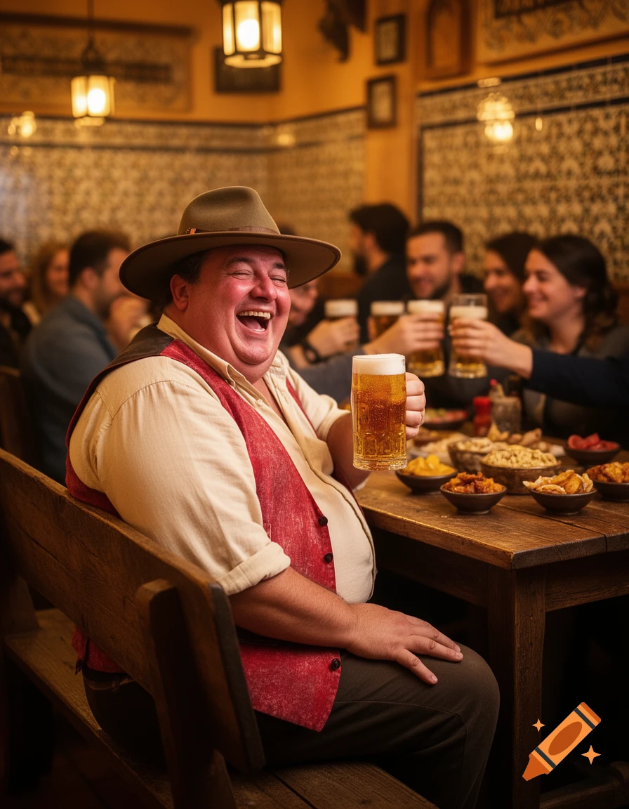A portly man in a hat and red vest heartily laughs while holding a beer mug in a lively, dimly lit pub.