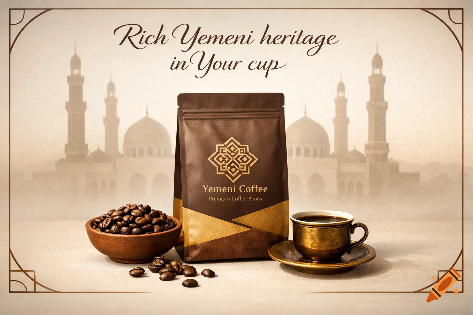A coffee bag, bowl of beans, and cup of coffee sit before a blurred mosque background, with the slogan "Rich Yemeni heritage in Your cup".