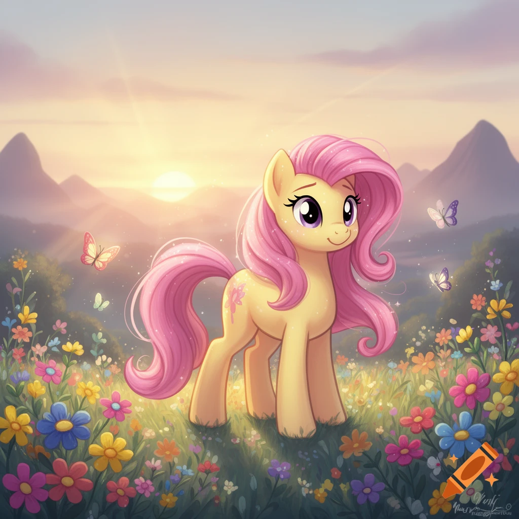 A vibrant cartoon yellow pony with a long pink mane and tail stands smiling in a field of colorful wildflowers at sunset.