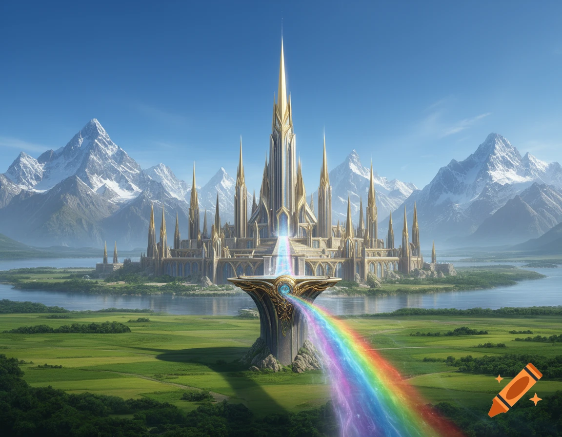 A majestic golden and white fantasy city with spires, nestled by a lake ...