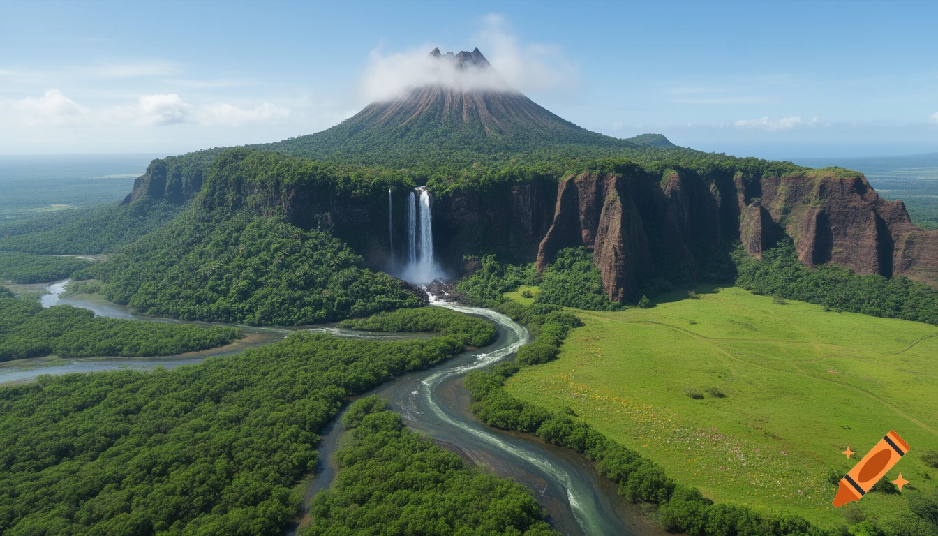 An aerial view of a lush green island with a cloud-covered volcano, a tall waterfall, a winding river, and a grassy plain.