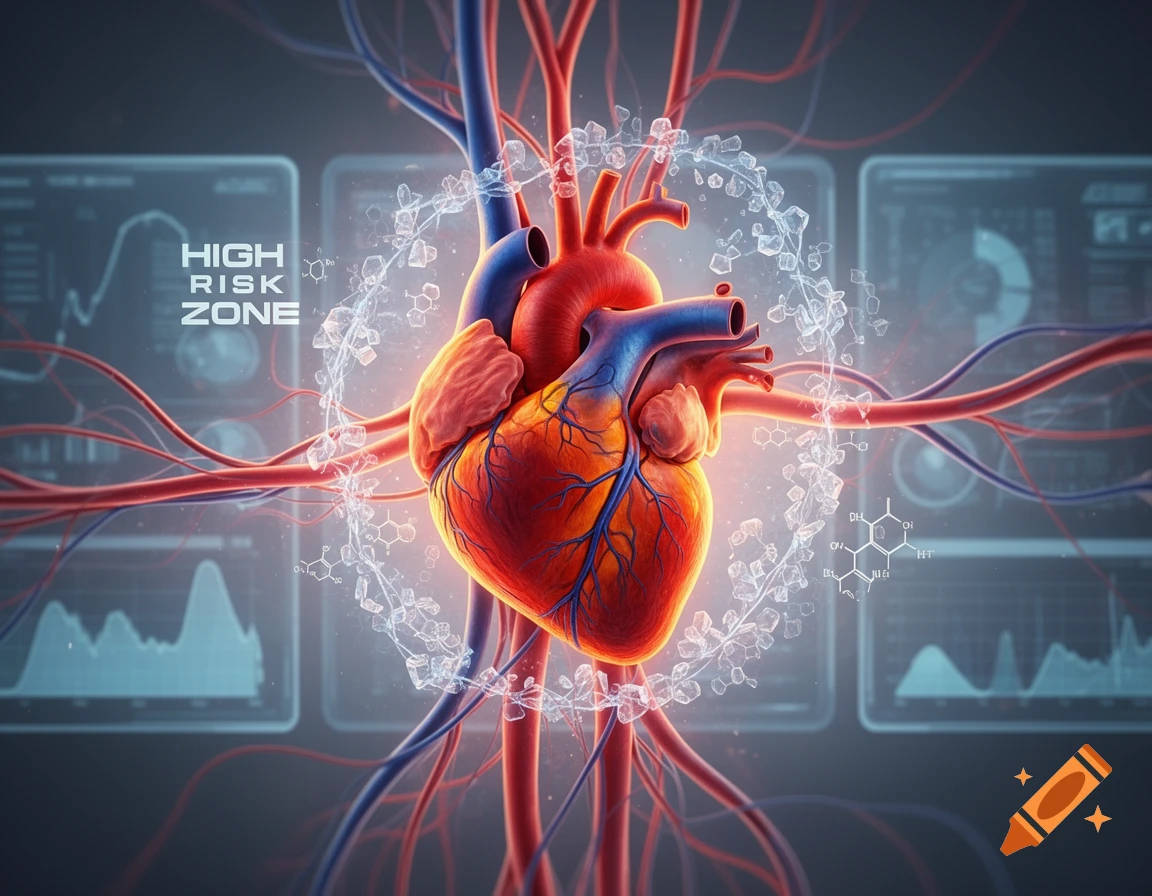 Stylized glowing human heart with red arteries and blue veins, surrounded by scientific data screens displaying "HIGH RISK ZONE" and molecular structures.