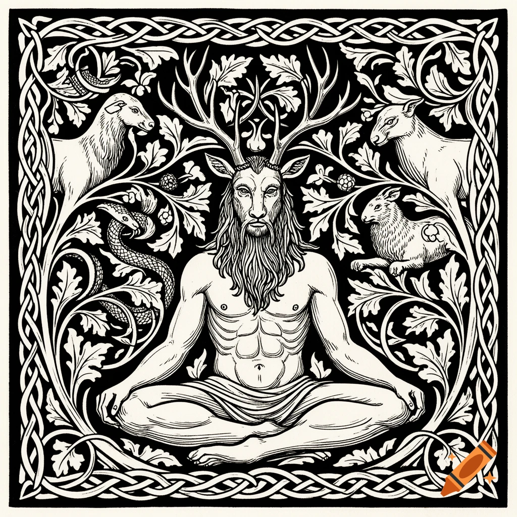 Black and white Arts & Crafts woodcut illustration of Cernunnos, a horned god, seated cross-legged, surrounded by interwoven foliage and animals.