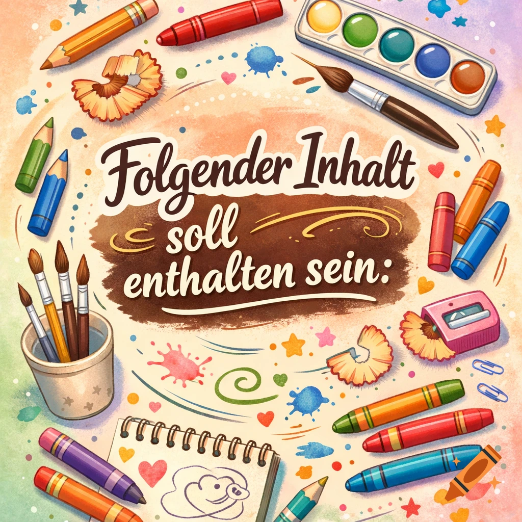 Watercolor illustration of art supplies including pencils, crayons, watercolors, and paintbrushes, surrounding German text.