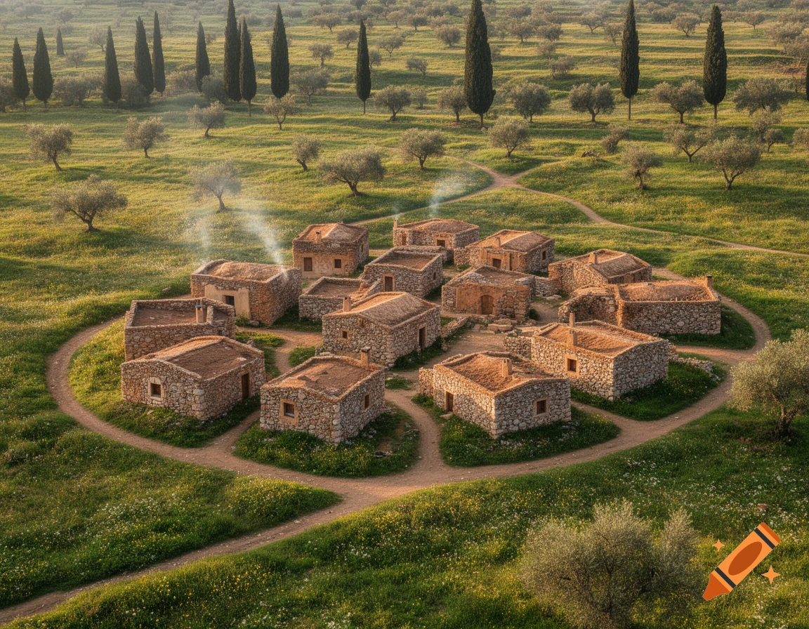 An aerial view of a cluster of stone houses in a circular arrangement, surrounded by green fields and scattered olive and cypress trees.