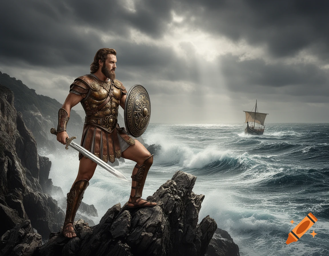 A photorealistic Greek warrior in bronze armor with sword and shield stands on rocky cliffs overlooking a stormy sea with a ship.