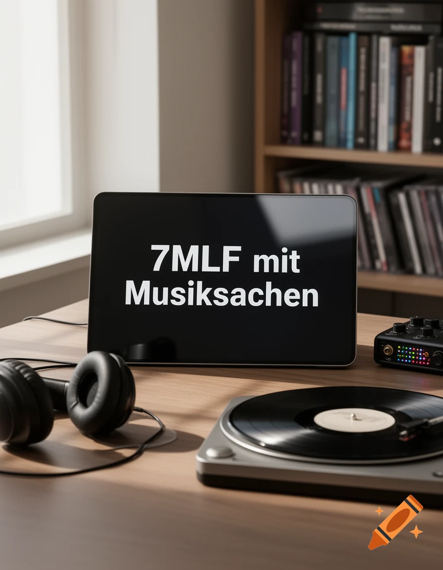 A tablet displays "7MLF mit Musiksachen," alongside headphones, a turntable with vinyl, and an audio mixer on a wooden table.