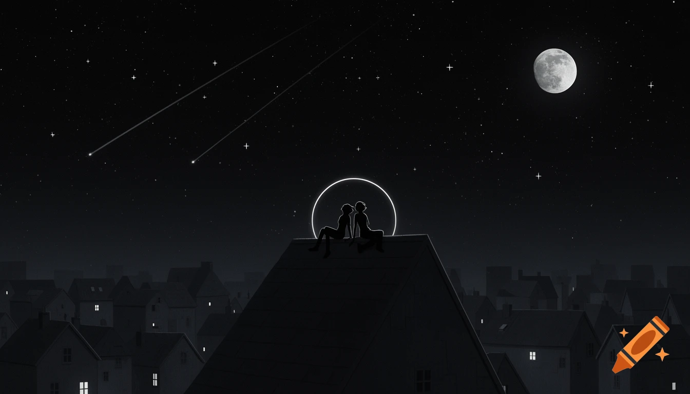 Two silhouetted figures sit on a rooftop overlooking a city under a starry night sky with a full moon and shooting stars, encircled by a bright glow.