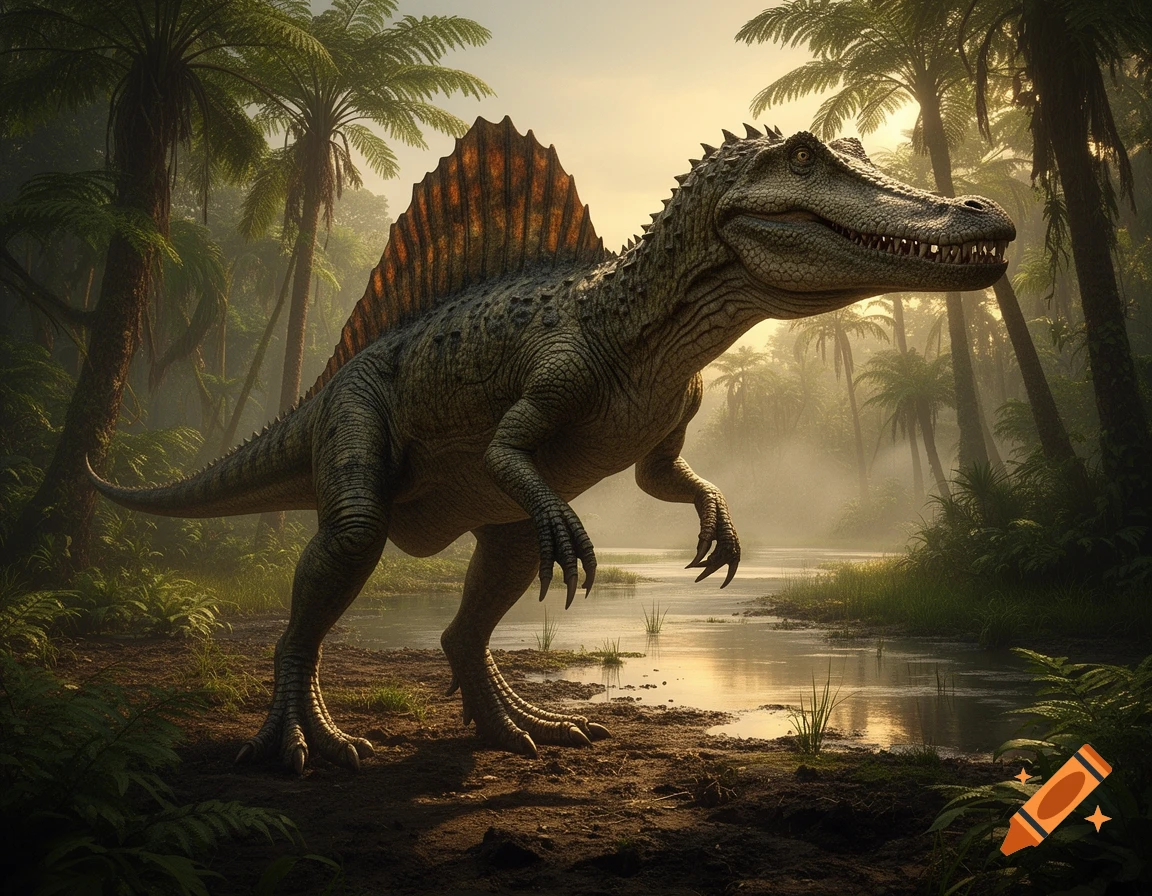 A detailed, photorealistic spinosaurus stands in a misty jungle swamp at sunset.
