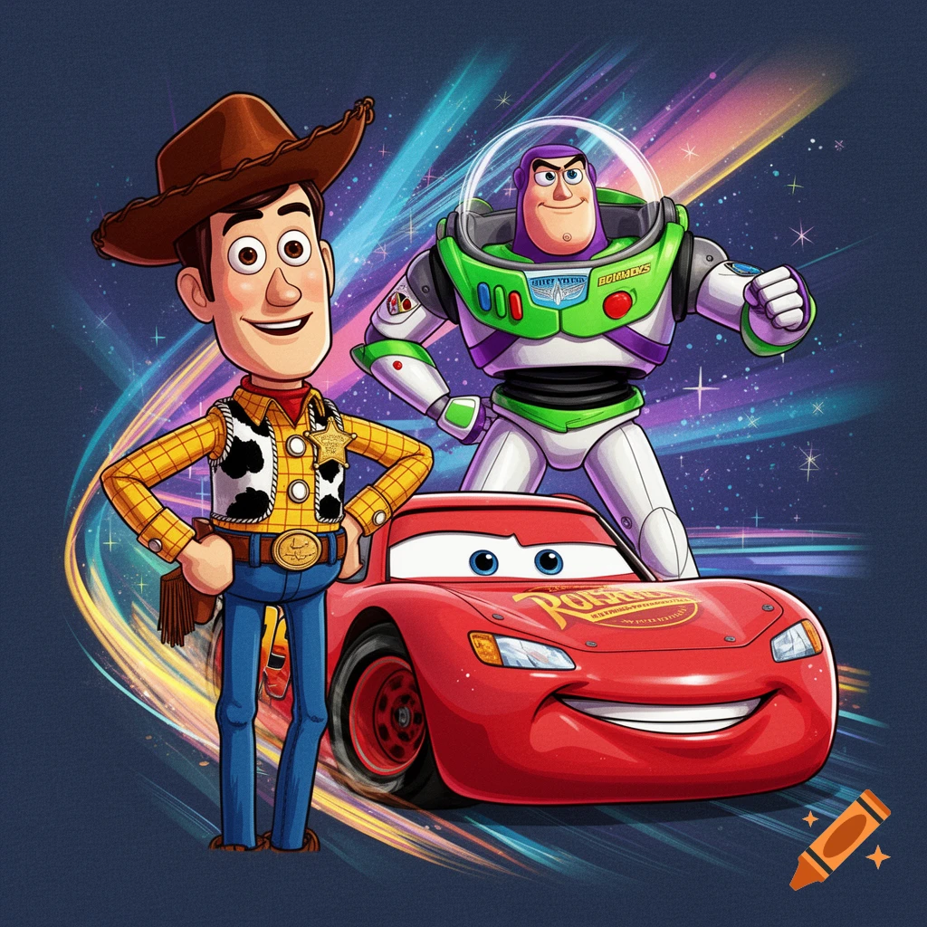 Cartoon illustration of Woody the cowboy, Buzz Lightyear, and Lightning McQueen with colorful streaking lights in the background.