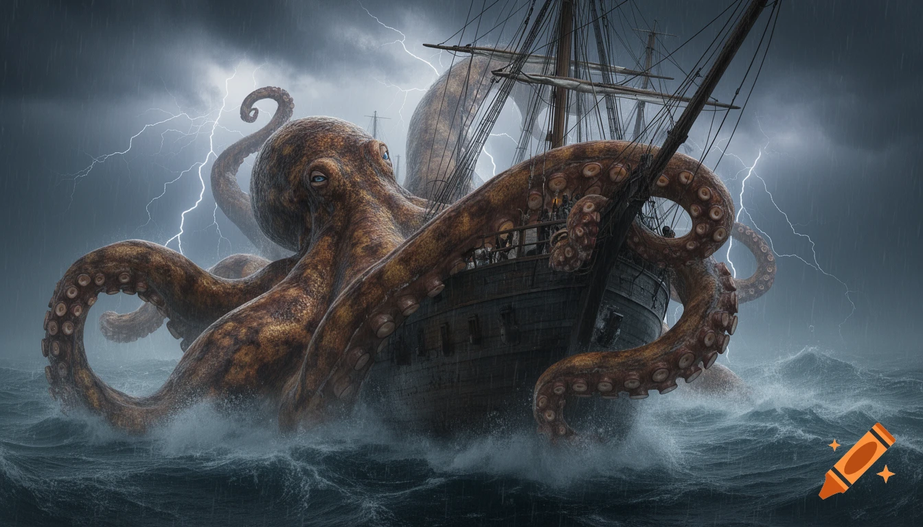 A colossal brown kraken with blue eyes attacks a large sailing ship amidst a dramatic lightning storm on a rough sea.