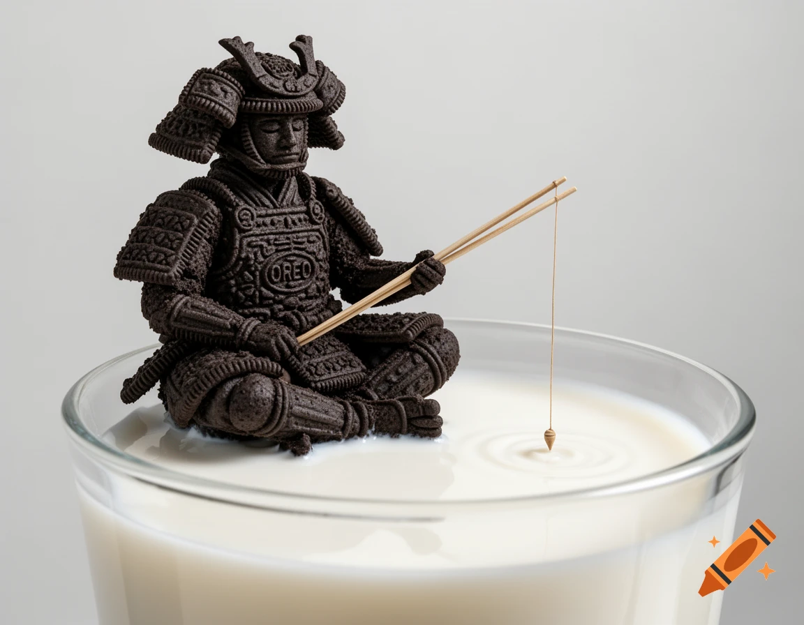 Photorealistic samurai figure made of Oreo cookies, fishing from a glass of milk with chopsticks.