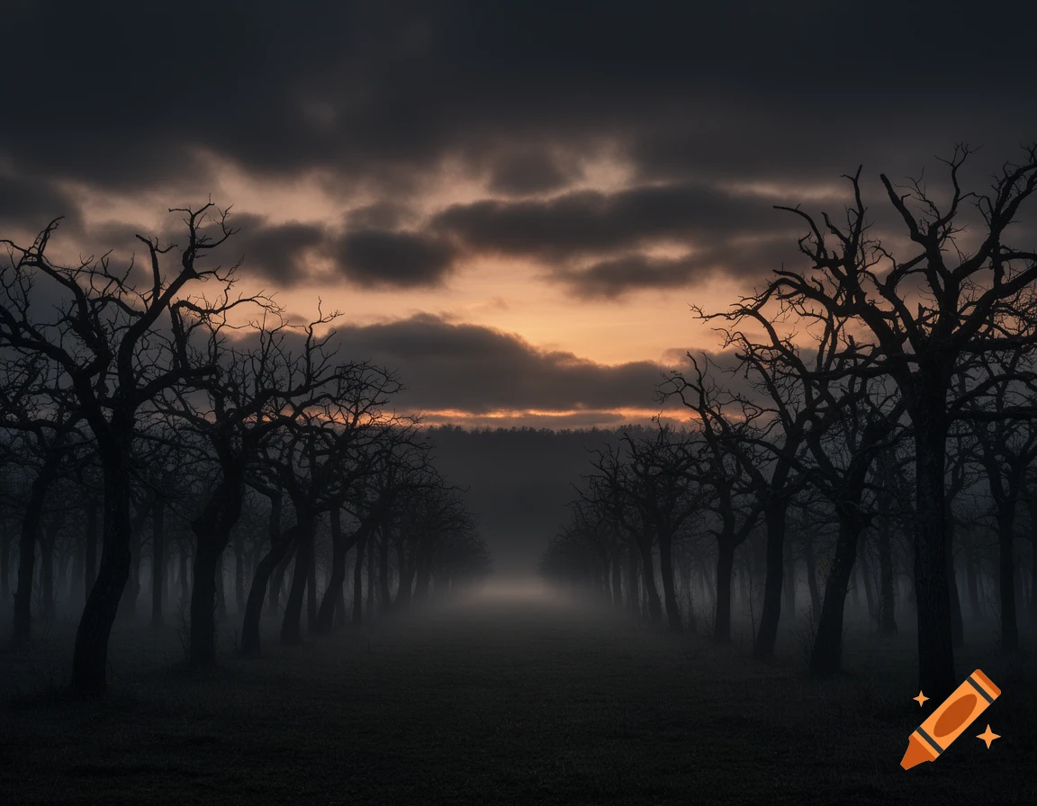 A dark, misty path through a bare, gnarled tree forest under a dramatic sunset sky with heavy clouds.