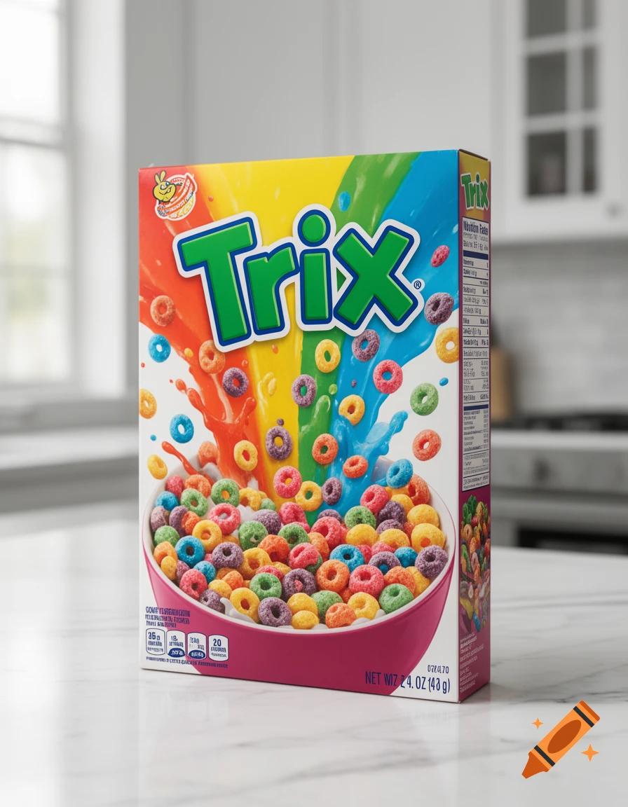 A colorful Trix cereal box sits on a white marble kitchen counter in a brightly lit kitchen.