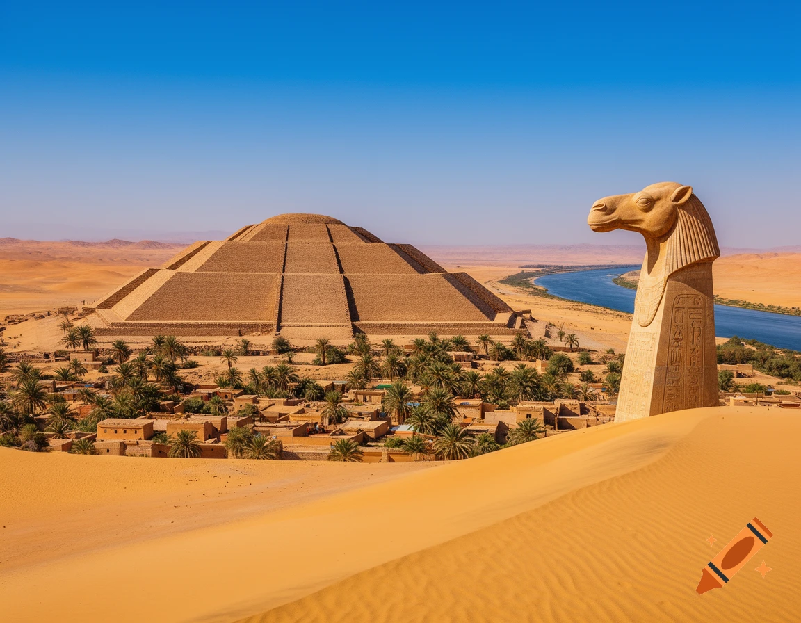 Photorealistic desert landscape with a large step pyramid, an oasis village, a river, and a camel-head statue emerging from sand dunes.