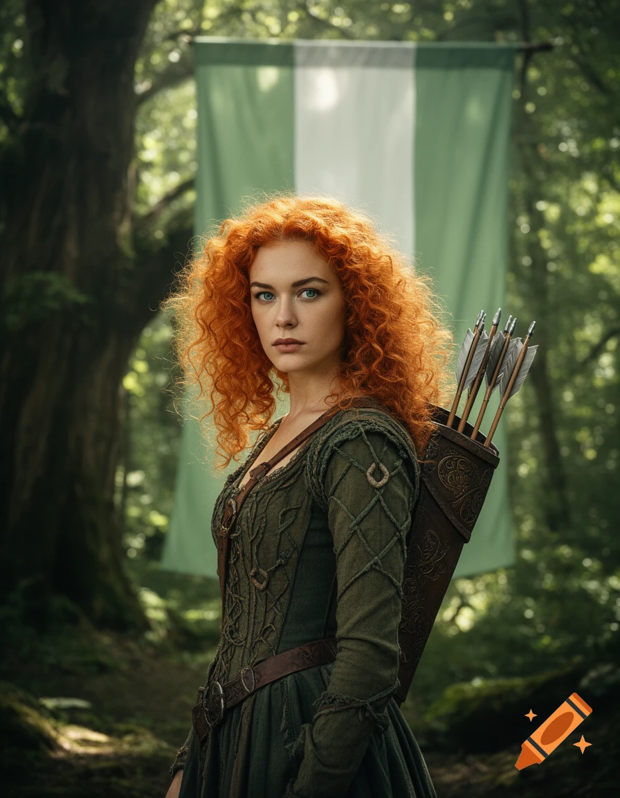 A red-haired woman in a green medieval dress with a quiver of arrows stands in a forest with a green and white flag.