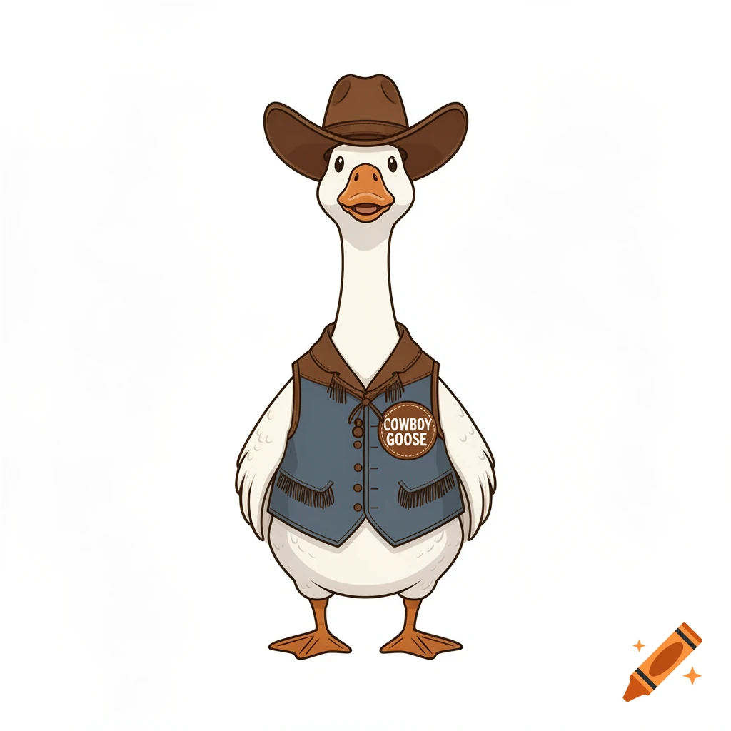 Cartoon goose wearing a cowboy hat and a fringed vest with a 'COWBOY ...