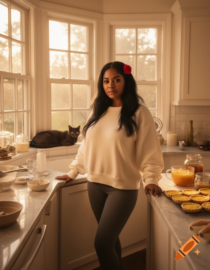 A woman with long dark hair and a red rose hairpin stands in a sunlit kitchen with a cat and lemon tarts.