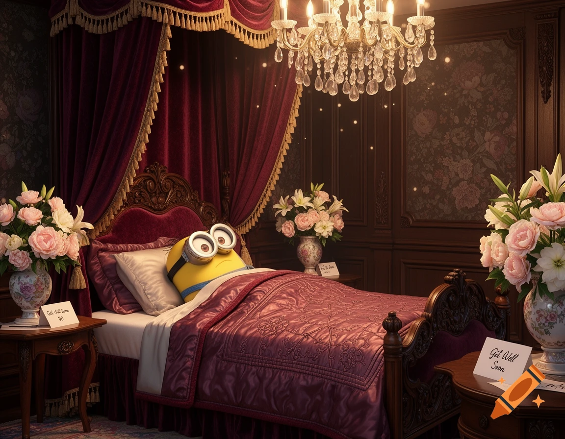 An ill Minion rests comfortably in an opulent Victorian canopy bed, surrounded by flowers and 'Get Well Soon' cards, lit by a crystal chandelier.