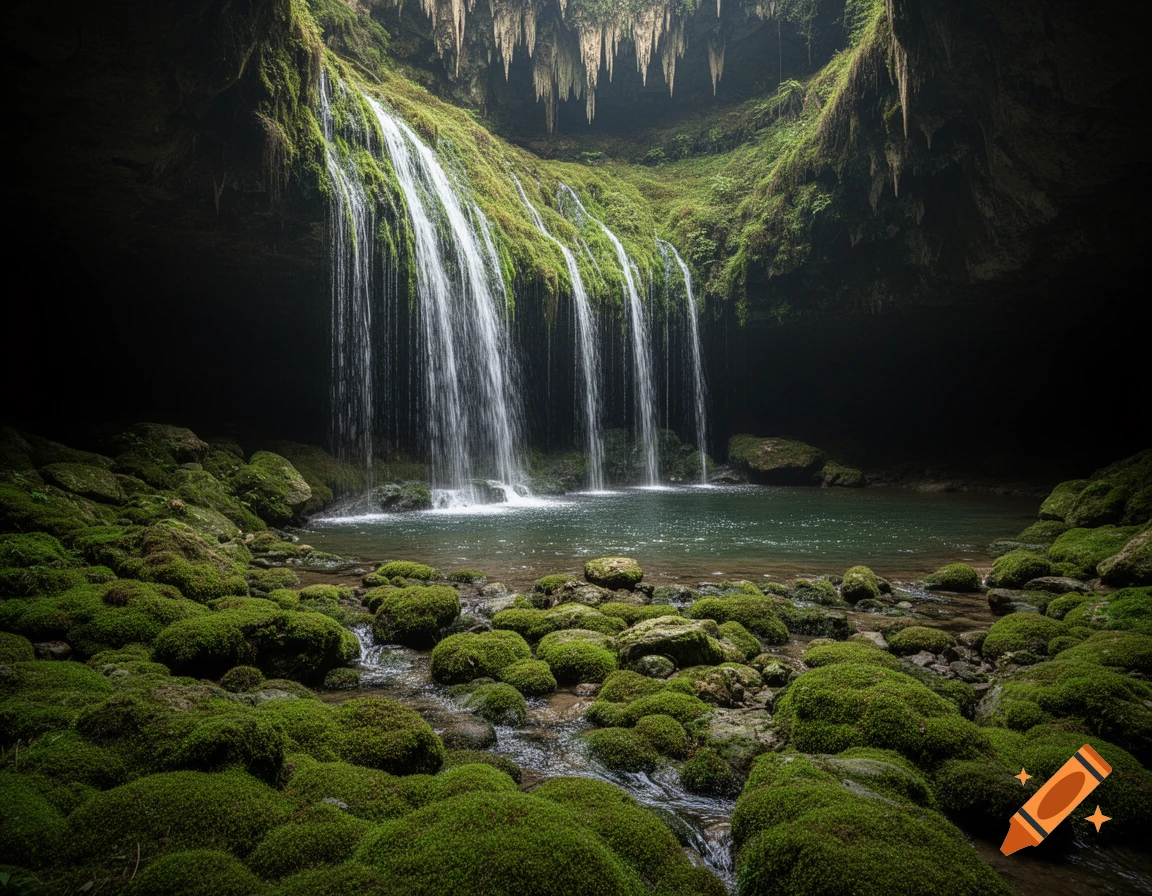 Photorealistic view of waterfalls cascading into a serene pool inside a lush, moss-covered cave with stalactites.