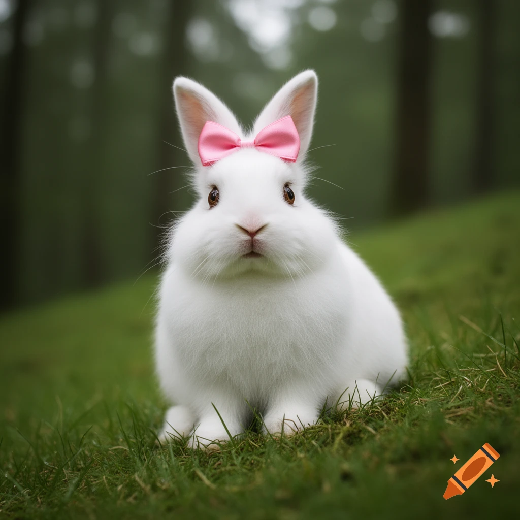 A photorealistic fluffy white bunny wearing a pink bow sits on a grassy hill with a blurred green forest in the background.