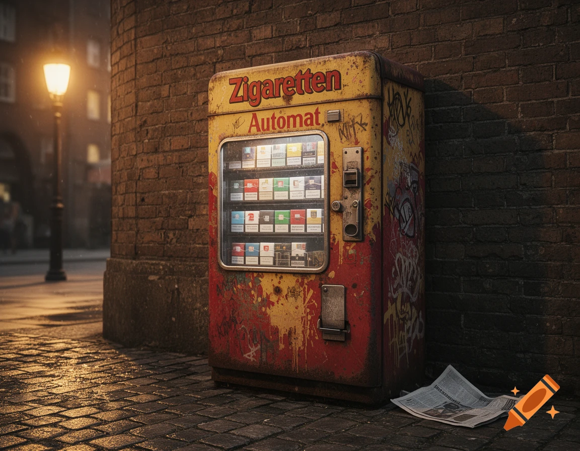 A weathered red and yellow cigarette vending machine stands against a brick wall on a wet, cobblestone street at dusk, illuminated by a distant street lamp.