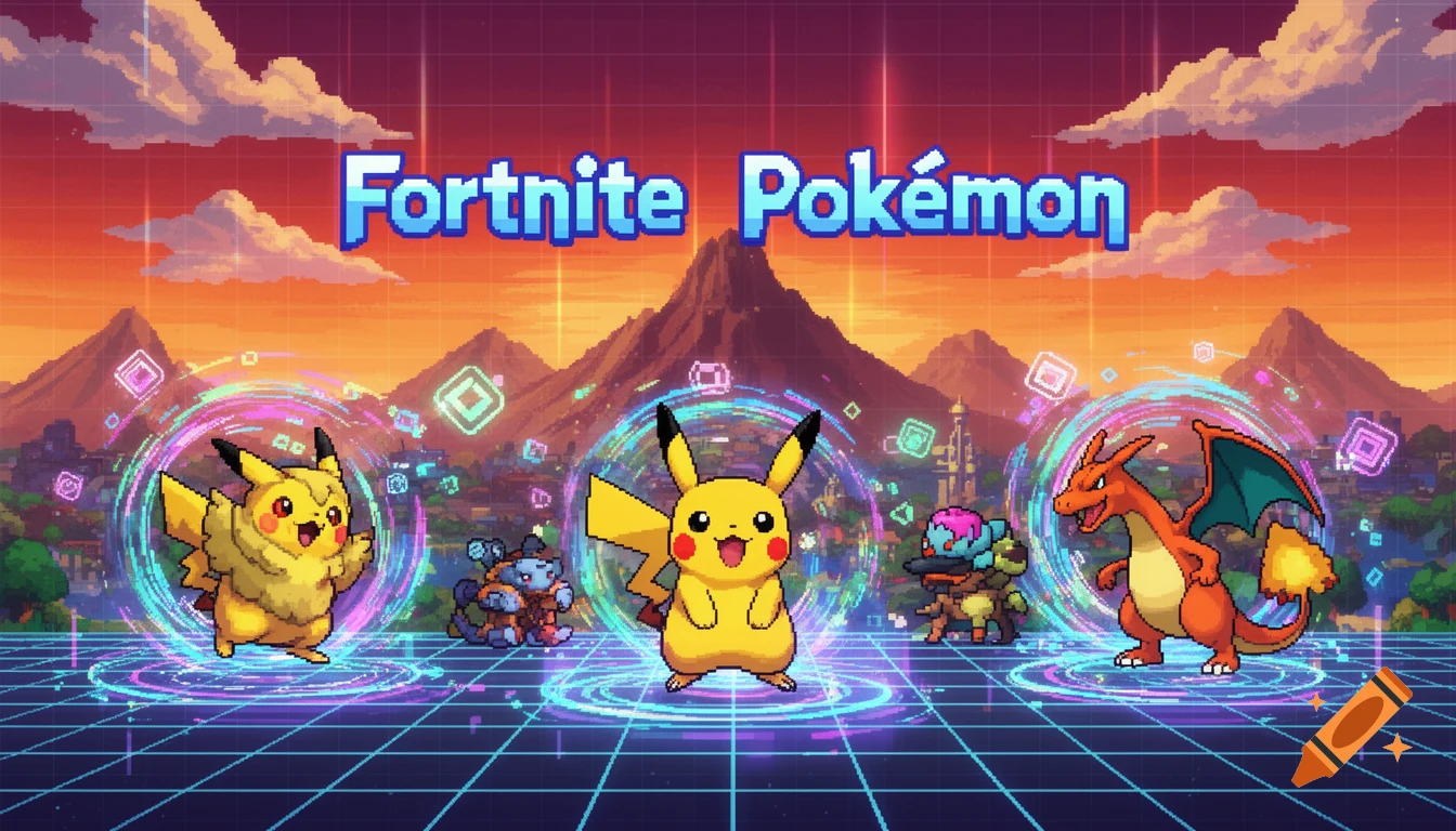 Pixel art 'Fortnite Pokémon' loading screen with Pikachu, Charizard, and other creatures on a grid, against a sunset landscape.