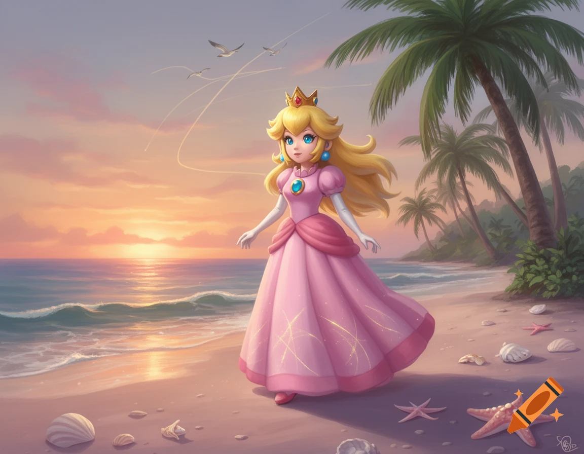 Princess Peach stands on a sandy beach at sunset, wearing a pink gown, with palm trees and ocean waves in the background.