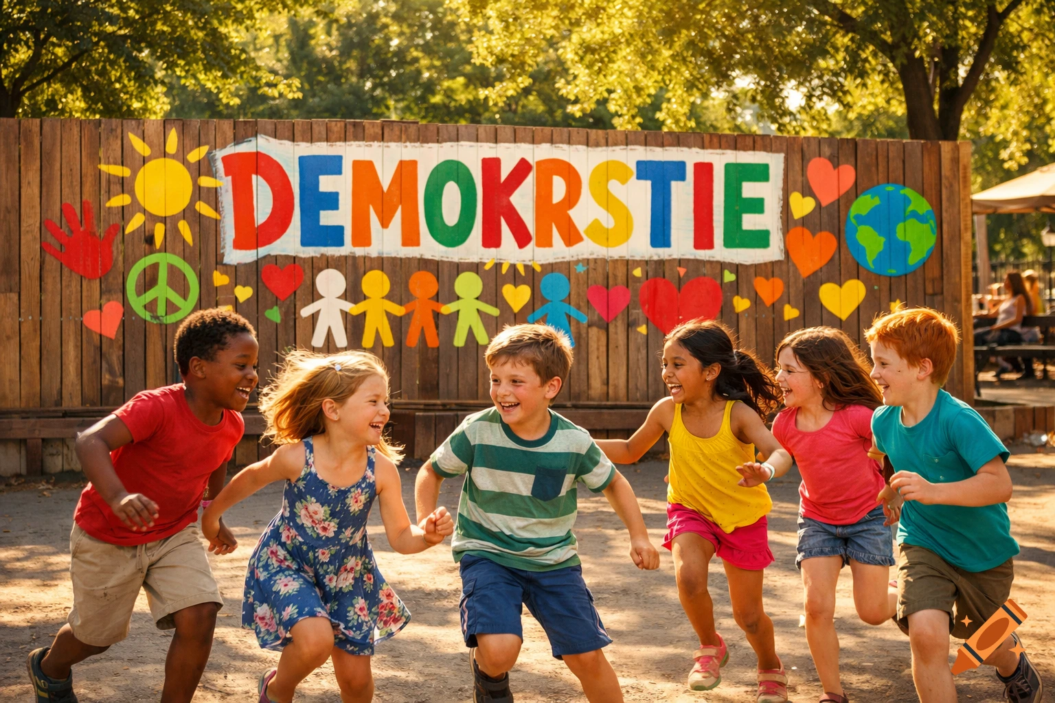 Children of diverse ethnicities run and laugh in front of a colorful sign that reads 'DEMOKRSTIE' on a wooden fence.